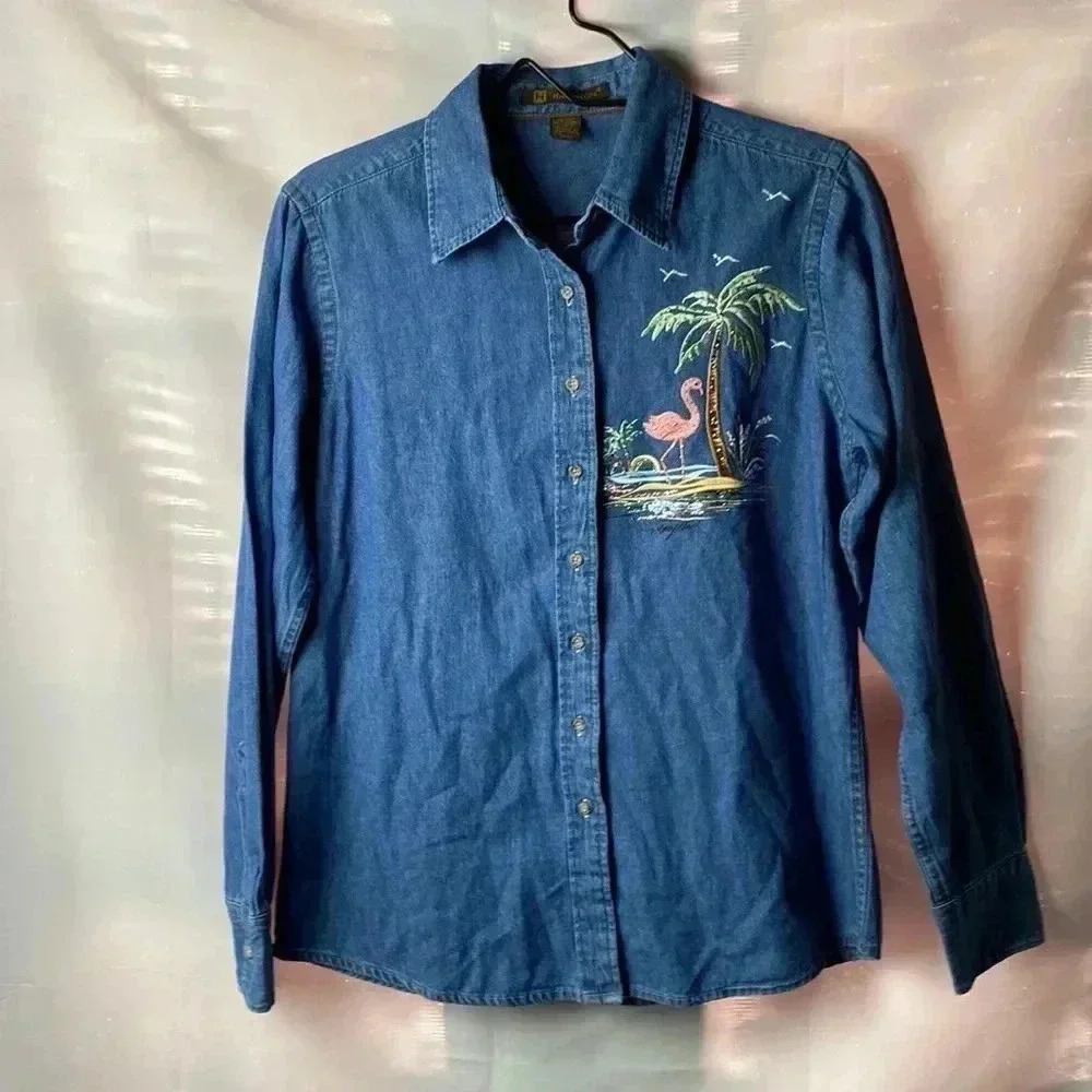 HARRITON WO SIZE M DENIM‎ BUTTON DOWN SHIRT FLAMINGO WITH GLITTER CRYSTAL…